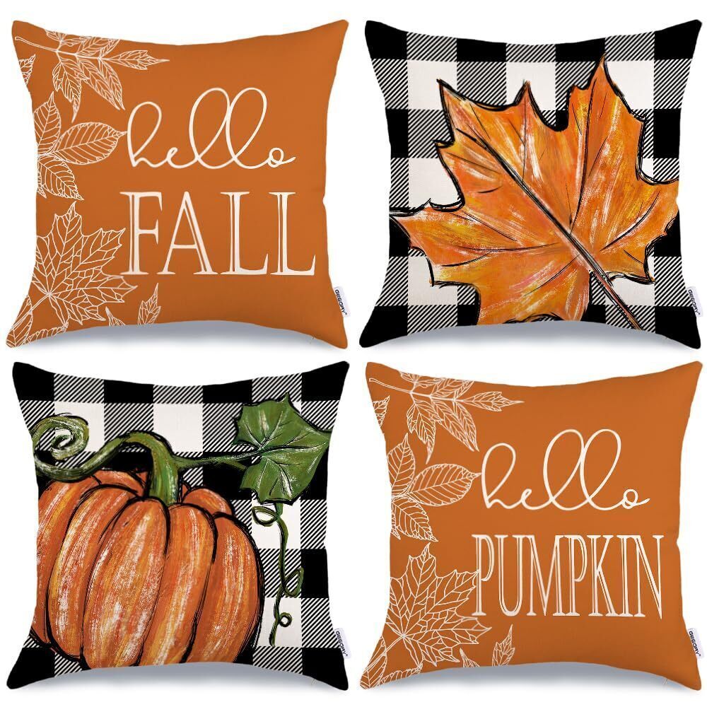 1660 Fall Decor Pillow Covers 16x16 Set of 4 Buffalo Plaid Pumpkin